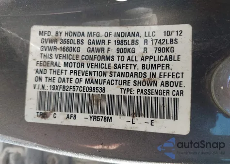 2012 Honda Civic Lx from USA, damaged, VIN 19XFB2F57CE098538